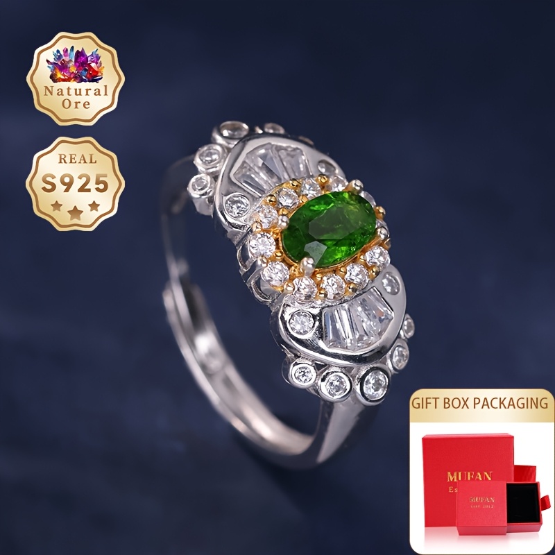 S925 Silver Green Translucent Gemstone Ring, Adjustable Design
